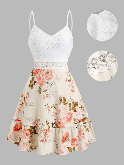 item picture womens elegant color block lace floral print spaghetti suspender dress sleeveless backless fit casual spring summer a line beach vacation mini dress