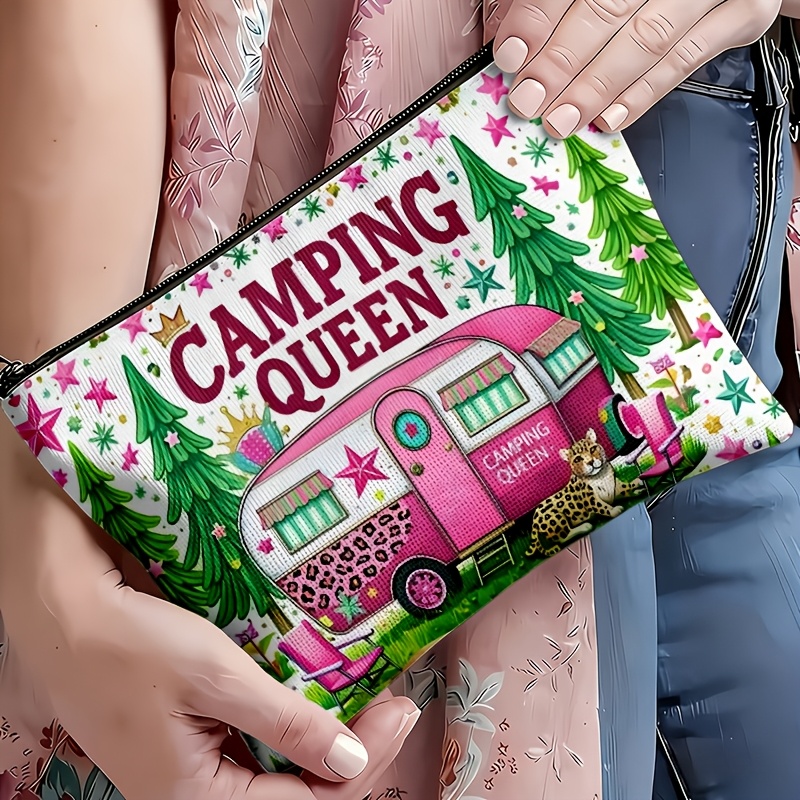 TEMU 1pc, Material, Makeup Bag, Light Luxury Elegant Pink Camping Car Pattern, Main Element "", Quick Organization/multifunctional Storage, Travel