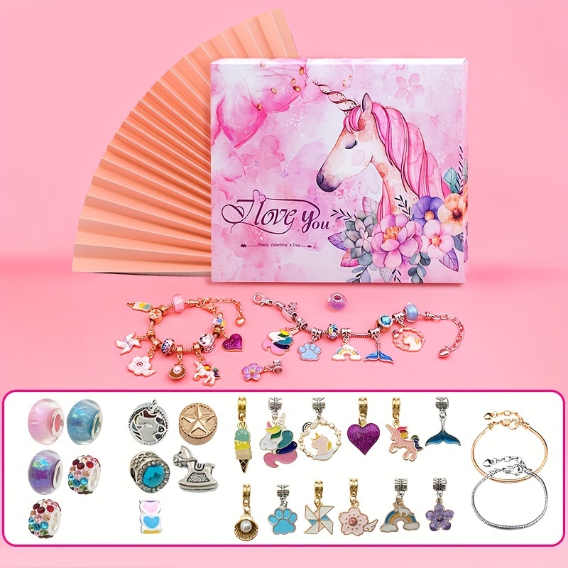 

24-day Christmas Advent Calendar Jewelry Making Kit - Unicorn Heart Pendant & Rhinestone Beads, Pink Alloy Craft Set For Women - Perfect Birthday Gift