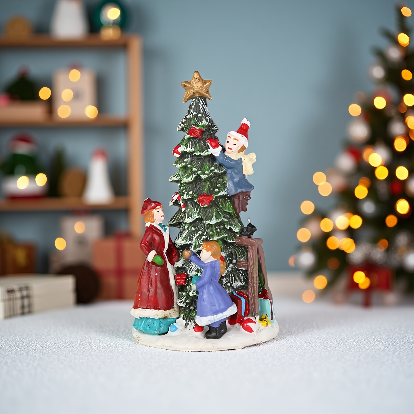 TEMU Christmas Family Decor Tree Resin Sculpture, Hand-painted Winter Snow Village Sculpture, Festive Tabletop Ornament, Suitable For Living Room