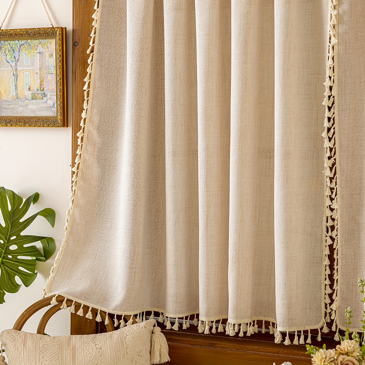 Image of 1panel Modern Linen-look Sheer Curtain With Tassel Trim, Rod , Living Room, Bedroom, Balcony, Kitchen, Cottage, And Window Decor.
