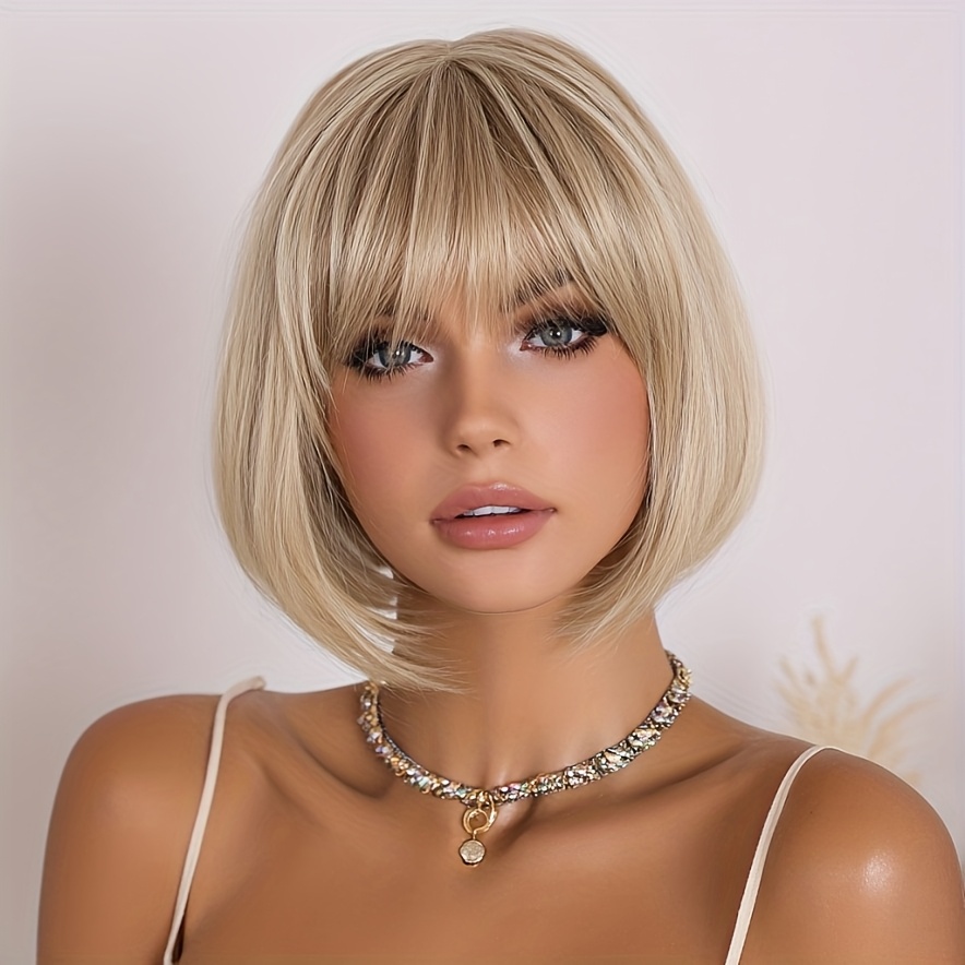 TEMU Back-to-school Blonde Bob Wig With Bangs-sleek, Versatile Style For Daily Wear And Commuting-perfect For Students And Everyday Chic!