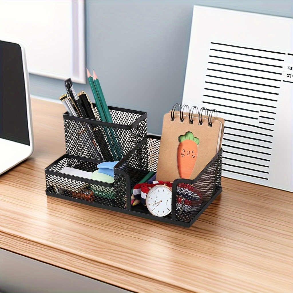 

chic Desk" Large-capacity Metal Pen Holder - Creative 3-compartment Iron Desk Organizer, Multi-functional Storage Box With Cute Decorative Design