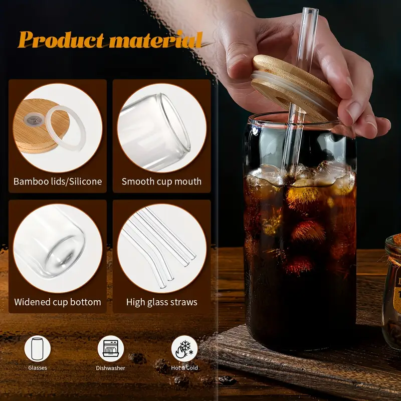 20oz glasses set of 4 drinking glasses with lids and straws sealing rubber ring heat resistant borosilicate material reusable iced coffee cups juice milk christmas gifts new years gifts Product details 1