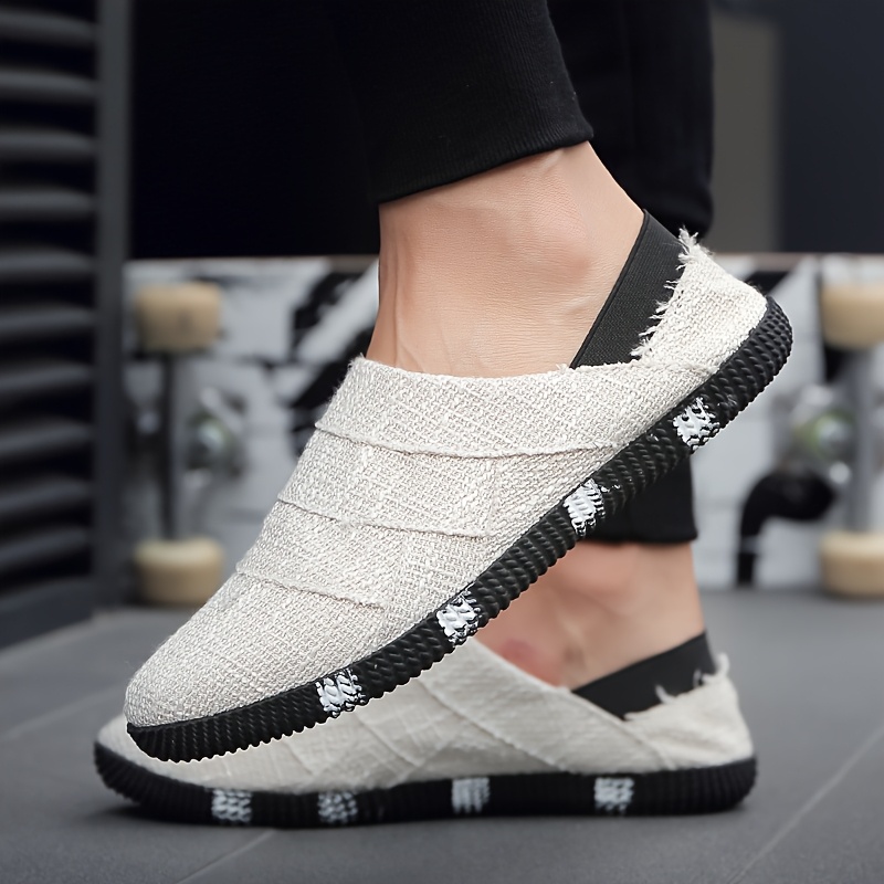 Men'S Vintage Canvas Slip-On Shoes - Casual White Espadrille with Black Sole, Round Toe, Low-Top Design for Spring & Summer, Hiking & Outdoor, Daily Wear, Casual Attire | Lowtop Shoes | Fabric Upper