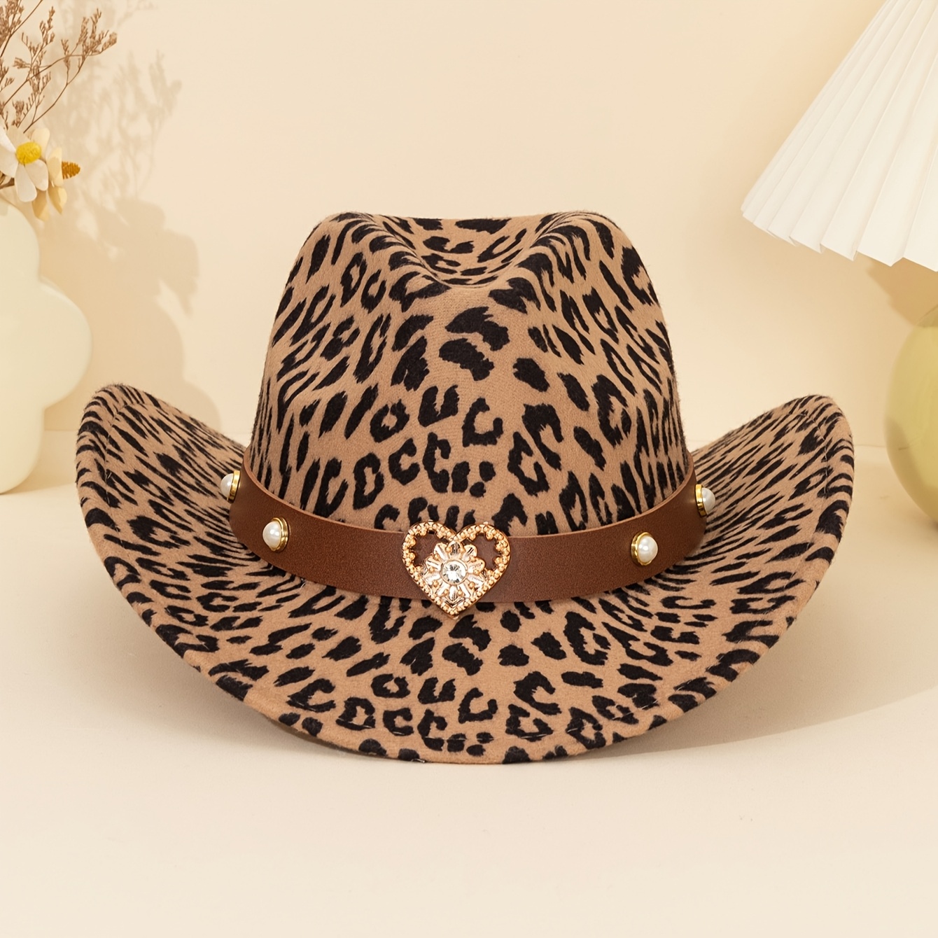 1pc chic brown leopard print fedora hat heart pearl accents Temu