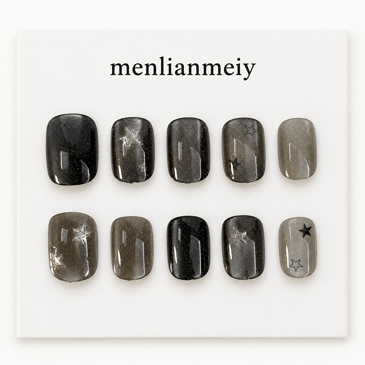 TEMU 10pcs Set Of Short Square-round Handmade Reusable Press-on Nails, Featuring A Solid With A Silvery--eye Gradient And Silvery Shimmer Accents,