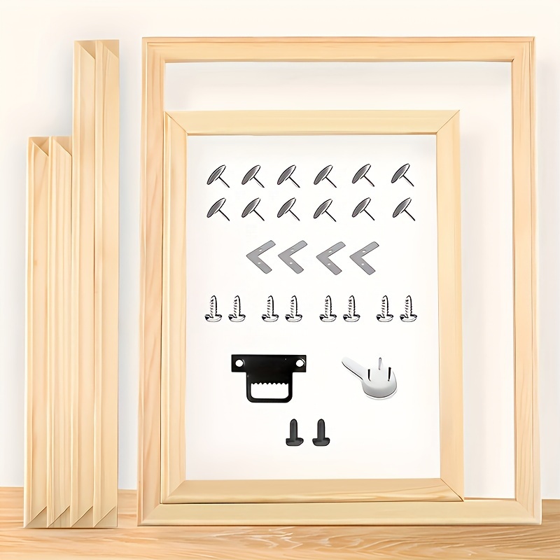 

Diy Wooden Frame Kit For Canvas Art - Includes 4 Wood Bars, 4 Corner Brackets, 16 Pushpins, 1 Traceless Nail, And 1 Hook For Hanging Artwork - Easy Assembly Wall Art Frame Set