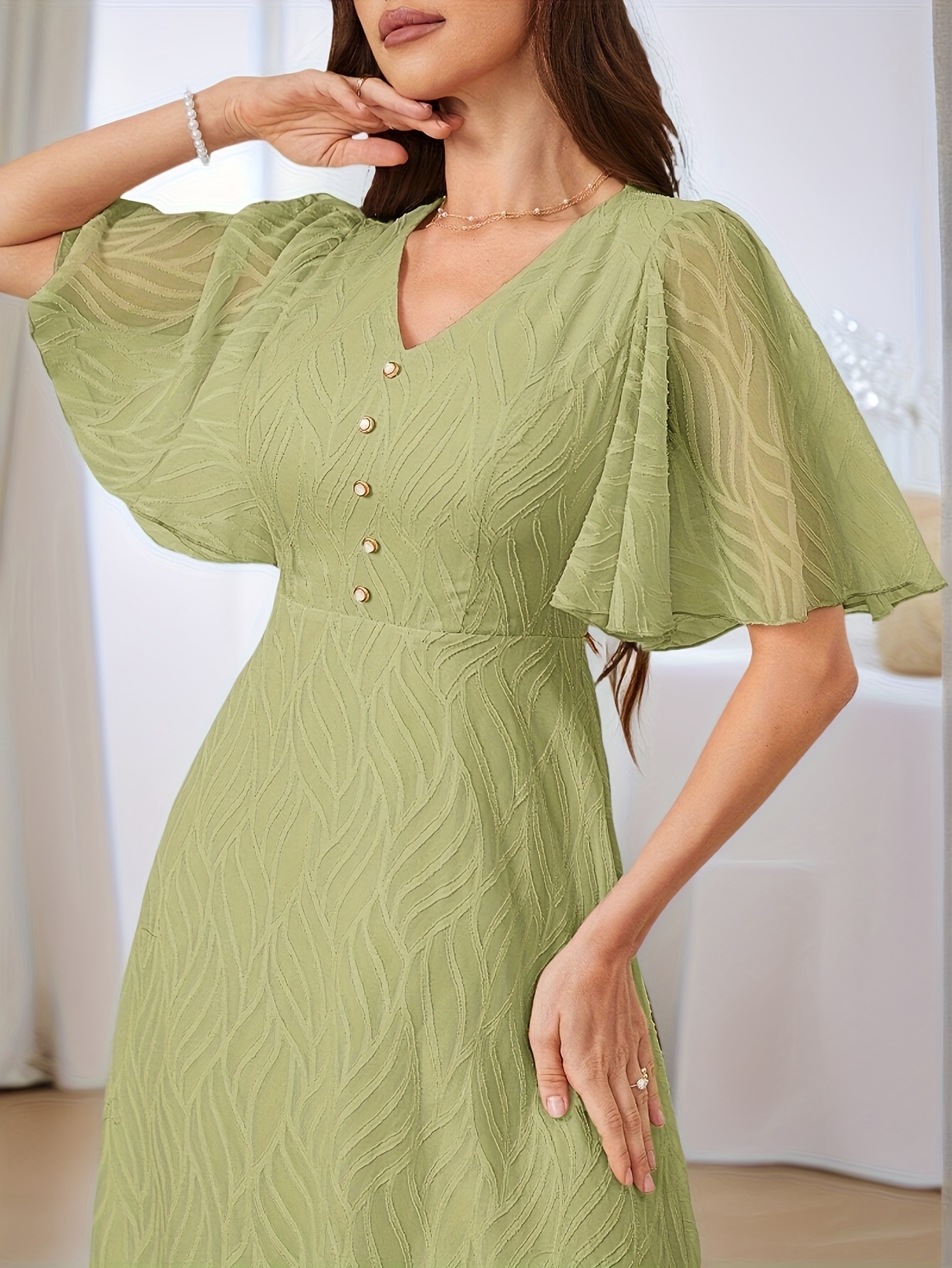 Womens Sage Green A Line Midi Dress with Flutter Sleeves