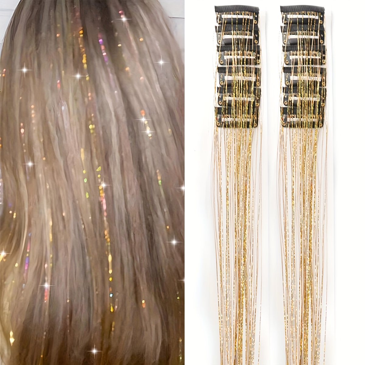 TEMU 12pcs Clip-in Medium Straight Hair Extensions, Christmas Gift Women's Blonde Clip-in Hair Extensions, 20-inch Colorful Glitter Hair Extensions,