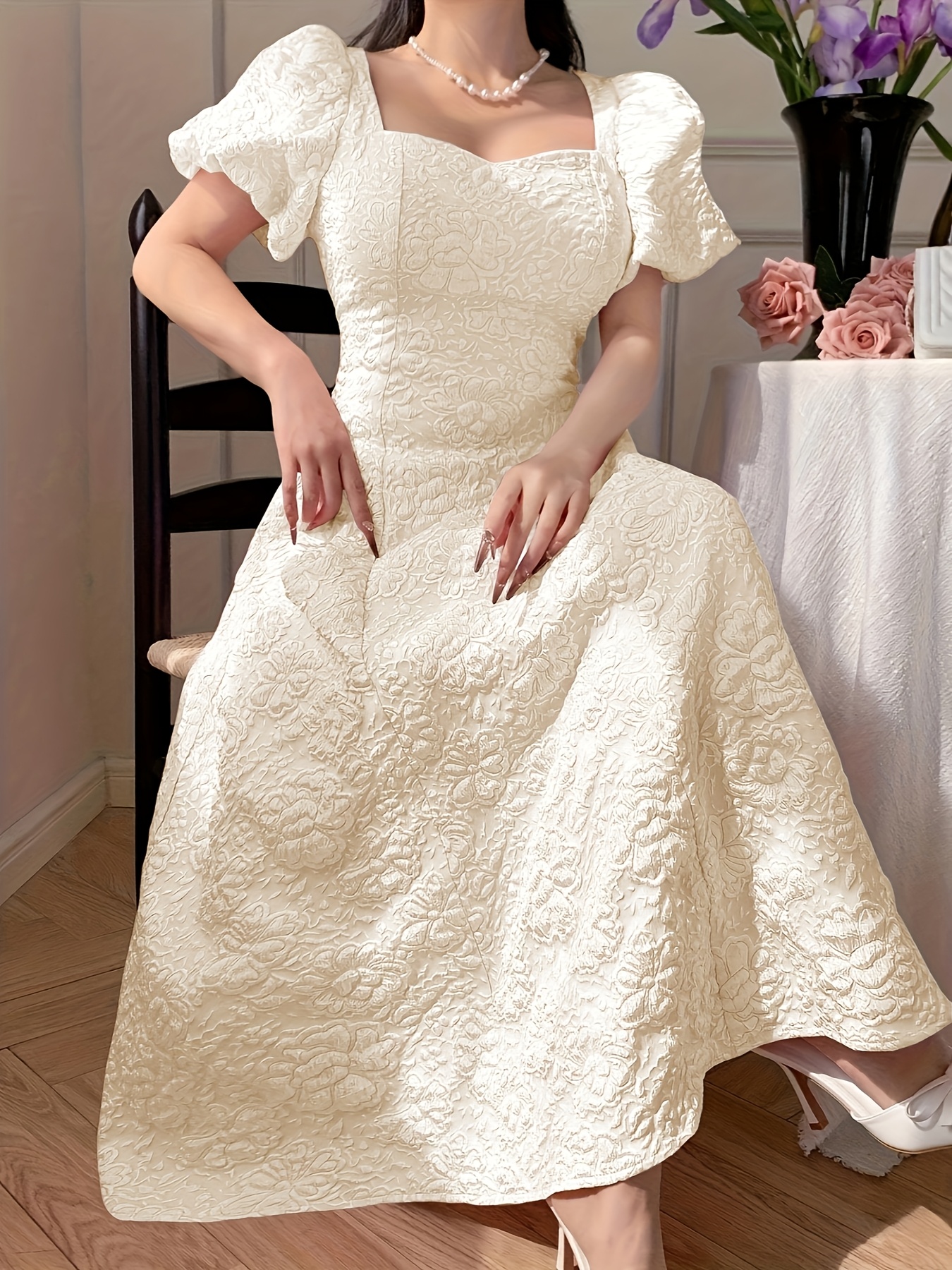elegant jacquard bubble sleeve waist cinching maxi dress - Temu