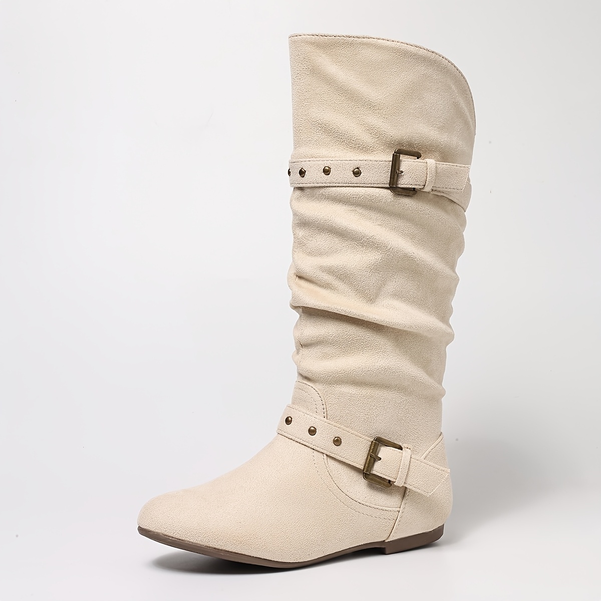 TEMU Retro Western Style Studded Ankle Boots, Beige/pink Ruched Slouch Mid-calf Boots, Perfect For Street Style & Casual Outfits, Women Shoes