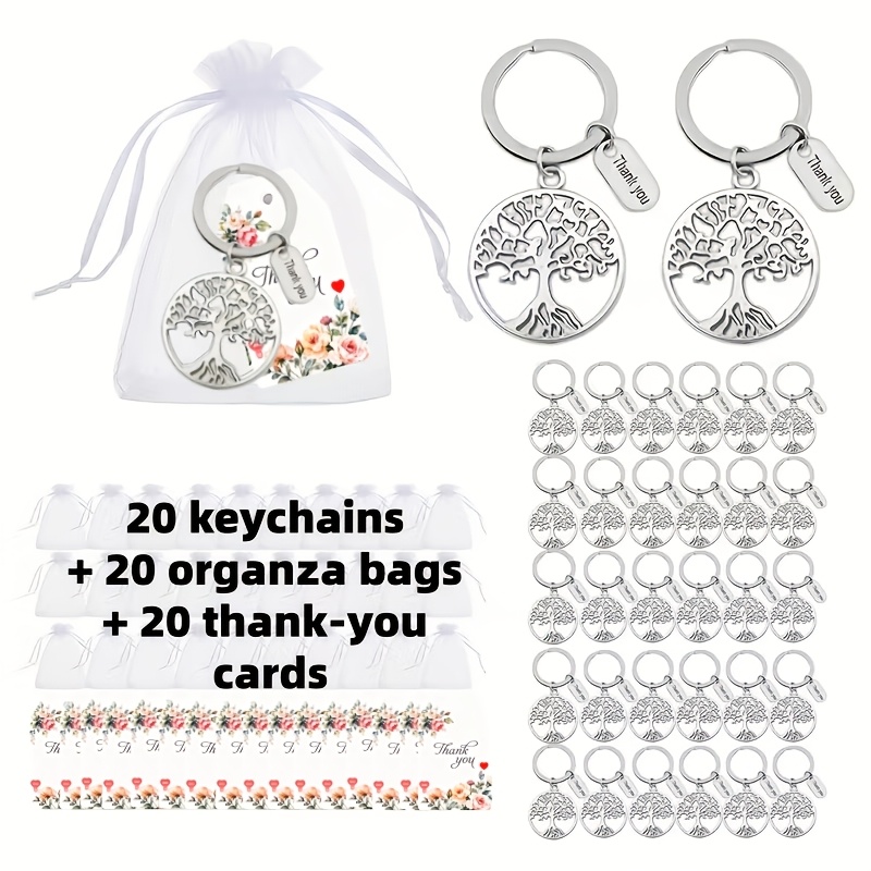 E-shop 2026 Neues Schlüsselanhänger-Set, 60-teilig, inklusive 20 florale Dankeskarten, 20 weiße Organzabeutel und 20 hohle Metall-Schlüsselanhänger,