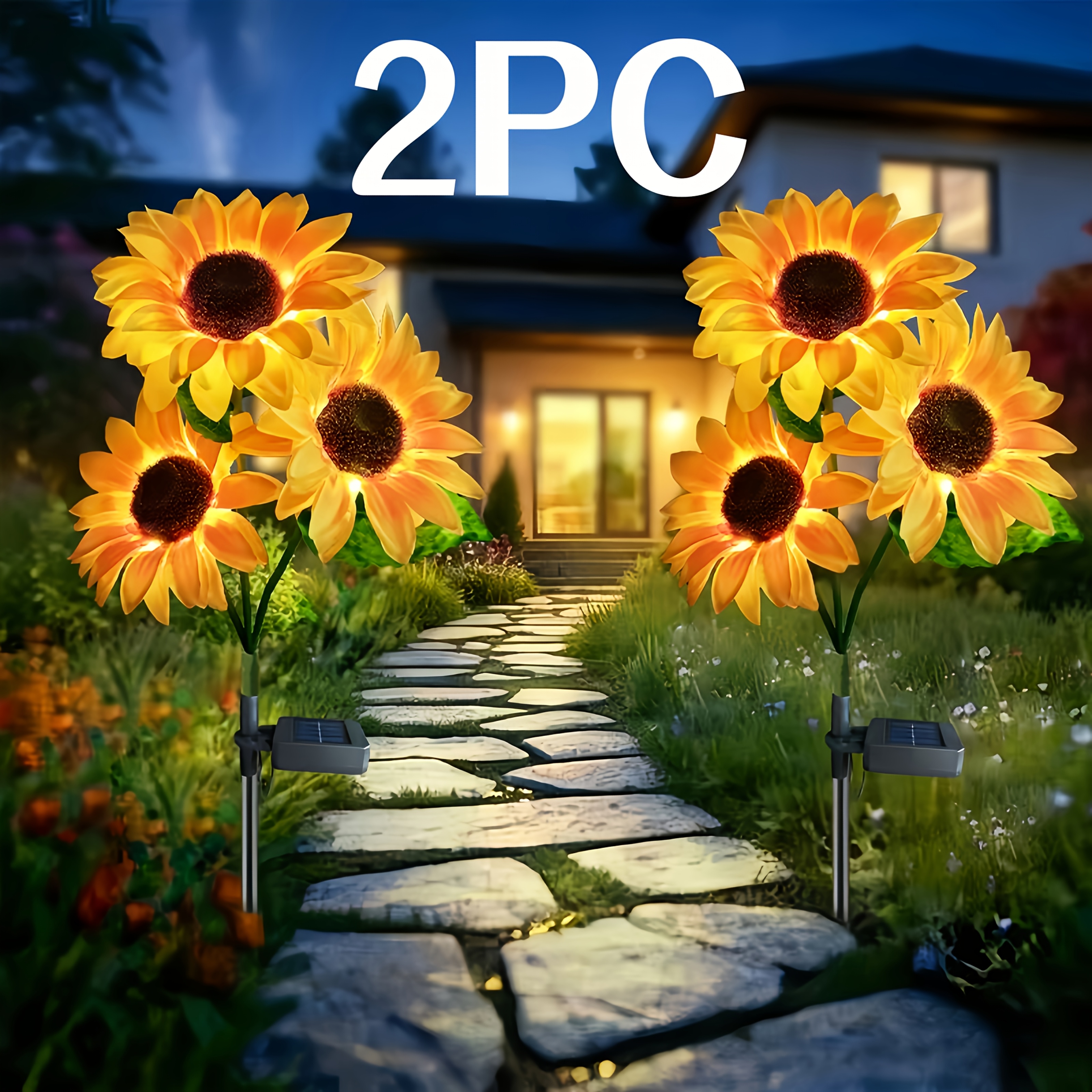 TEMU 2-pcs Solar Sunflower Outdoor Lights - Solar Path Lights, Warm White And Automatic , No Plug Required (solar Panel Included), Suitable For