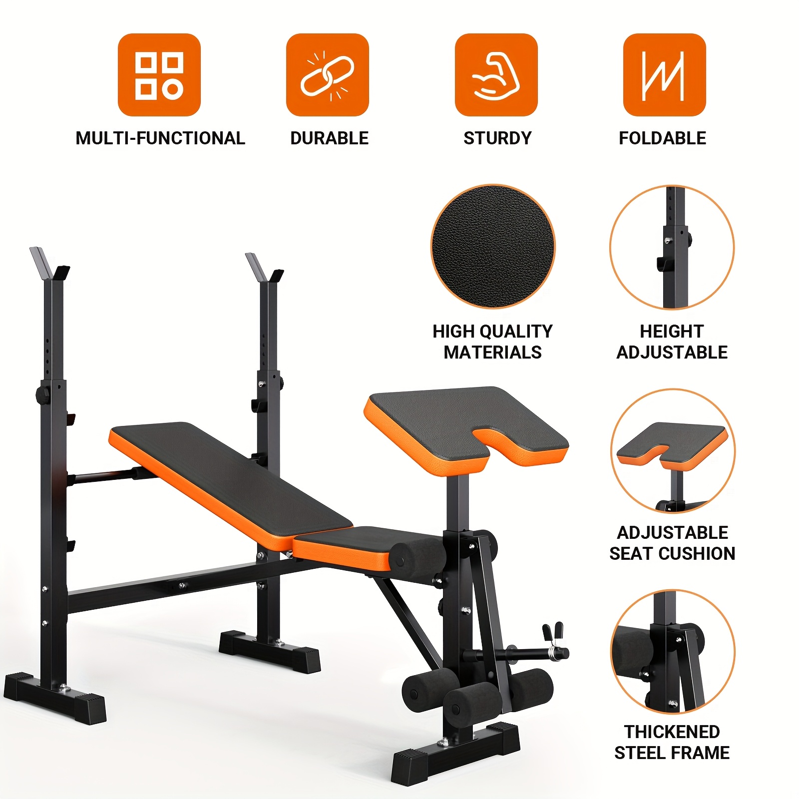 6 in 1 adjustable weight bench with squat rack foldable design 600 lbs capacity incline flat         leg extension and anti slip base for full body workout details 0