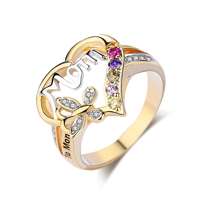 

Elegant Heart-shaped 'mom' Ring With Butterfly & Cubic Zirconia - Perfect Day Gift, Luxurious Alloy Fashion Jewelry For Casual Attire