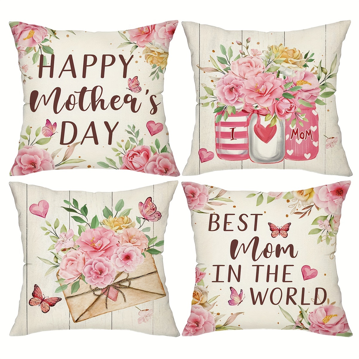 

4pcs, Happy Mother's Day Decorative Throw Pillow Covers,18*18inch Flowers Cushion Cases Sweet Home Decor,gifts For Mom,for Porch Patio Couch Sofa Living Room Outdoor,set Of 4,without Pillow Inserts