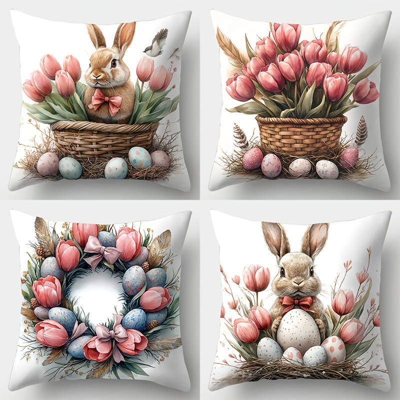 

4pcs Set Easter-themed Pillowcases - Soft & Comfortable Polyester, Zip Closure, Sofa & Bedroom Decor, 17.7x17.7 Inches (pillow Not Included), Home Accessories, Pillowcase