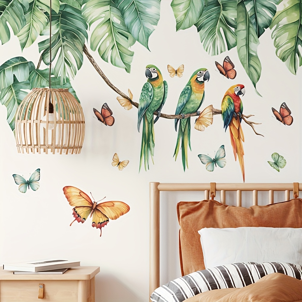 Large Plant Bird Wall Stickers, Green Plant Leaves Parrot Wall Decals, Bedroom Bathroom Kitchen Decor