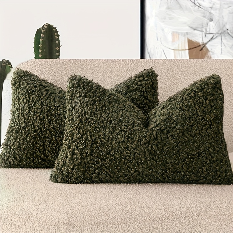 Image of 2pcs Of Lamb-wool Olive Green Pillowcase For Decoration, Special Fluffy Cushion Cover, Soft Sofa Room Home Fabric, Rustic Neutral Bohemian Cushion Cover