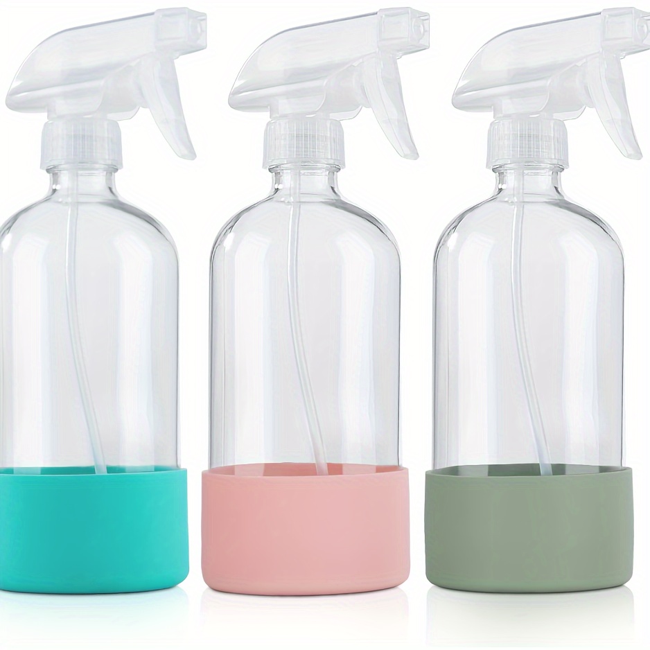 

3pcs Empty Clear Glass Spray Bottles With Silicone Sleeve Protection - Refillable 16 Oz Containers For Cleaning Solutions, Essential Oils, Misting Plants - Quality Sprayer