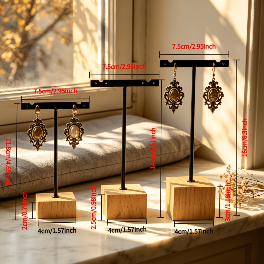 TEMU Wooden Base Golden Metal T-shaped Earring Display Stand Set, 3pcs, Jewelry Organizer, Suitable For Hanging Earrings, Necklaces, Bracelets, For ,