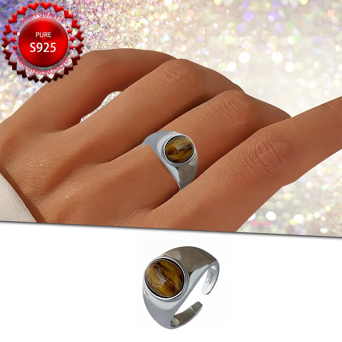 High Adjustable S925 Sterling Silver Ring with Natural Tiger's Eye Stone