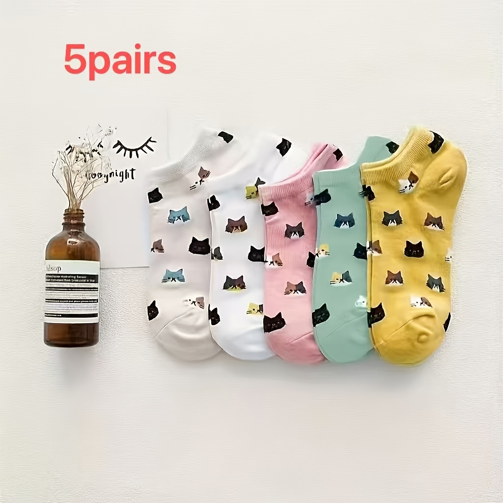 Image of Mixed Colors - 5 Pairs/random 1 Pair/random New Colored Cartoon Kitten Style Short Socks, Fresh And Cute