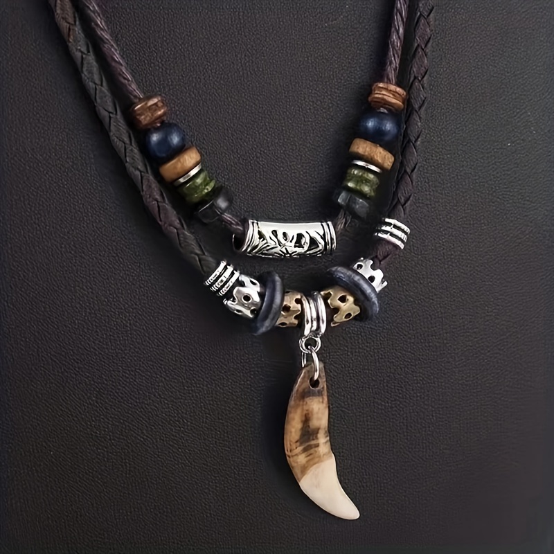 TEMU Unique Men's Wolf Tooth Pendant Necklace - Bohemian Style, Faux Leather