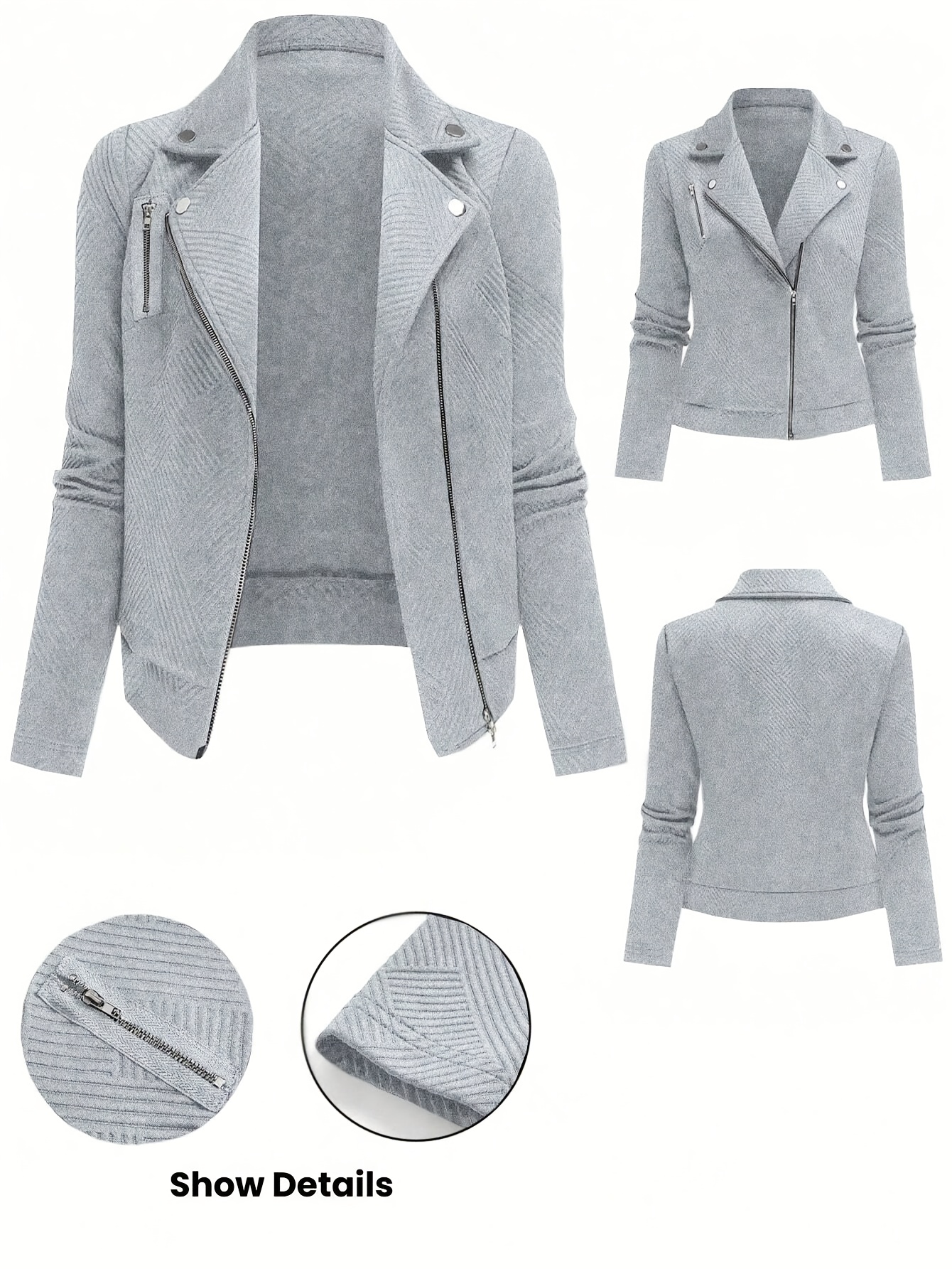 Chaqueta elegante con cremallera para mujer - Ajuste ceñido, cuello largo, cierre frontal con cremallera, blazer ligero para oficina, fiestas, uso diario - Chaqueta chic en tonos clásicos grises/neutral - Ropa de abrigo primavera/otoño, chaqueta de mujer, atuendo de fiesta, construcción de tejido elegante