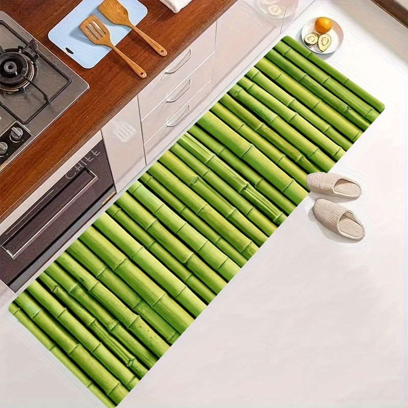TEMU Tapis de sol de cuisine épais Jit1pc de 1,1 cm, tapis de sol imprimé en bambou vert, épaissi, à l', esthétique, adapté , , à la , et à la