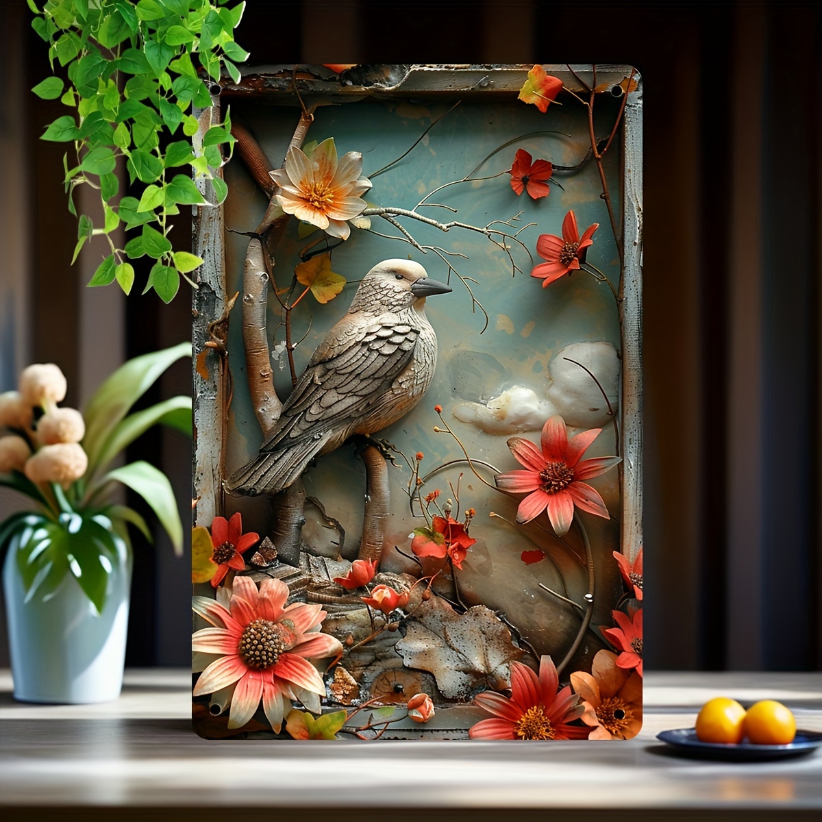 Targa Rotonda In Metallo Con Piume Di Pavone – Decorazione Vintage 30x30 Cm Per Parete - 3
