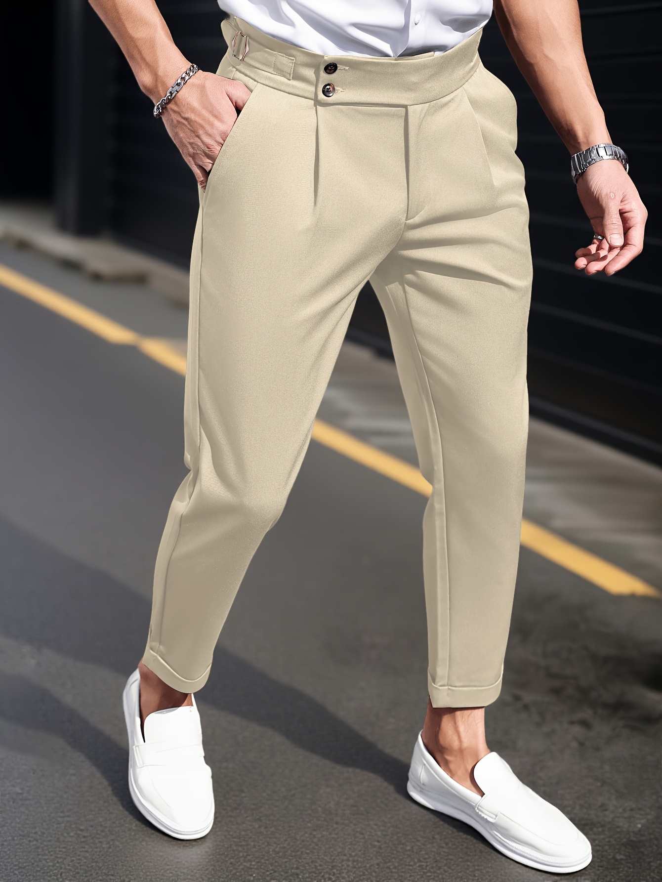 mens solid color slanted pocket cropped pants regular fit - Temu