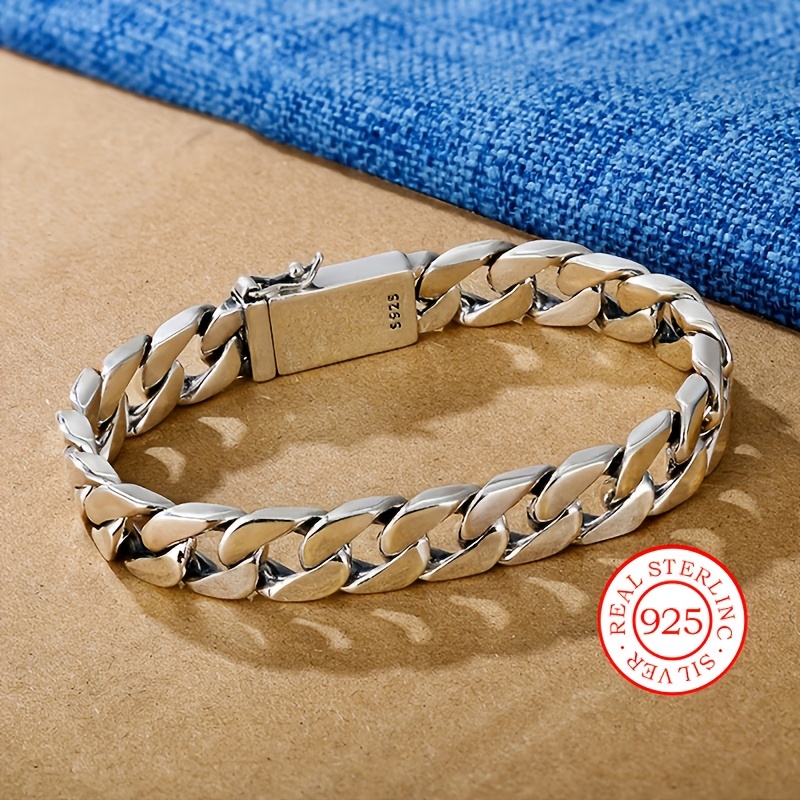 TEMU Bracelet Chaîne Cubaine Vintage Éternel - Bijoux Argentés Main 925 - Bracelet de Mode Durable