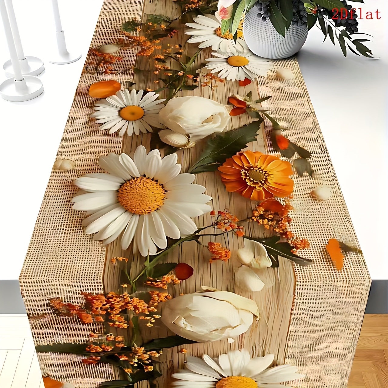 TEMU 1pz Tovaglia a Tema Primaverile, Motivo 2D Piatto con Fiori Arancioni e del Legno, Stile Festivo, Protezione per Tavolo, Adatta per Decorazioni