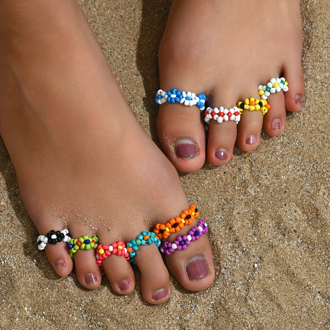 

10pcs Bohemian Style Cute Beaded Toe Rings, Mixed Color Seed Beads, Fashionable Stackable Knitted Foot Rings, Colorful Flower Design, Women's Adorable Beach Foot Jewelry