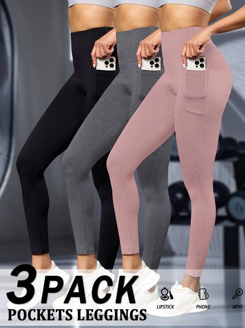 3 pack women high waisted tummy control leggings with pockets super soft full length workout pants suitable for yoga running gym solid color athletic wear
