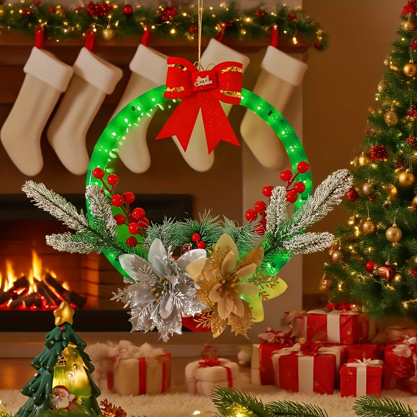 TEMU Led Neon Christmas Wreath With 'merry Christmas' Sign - Multicolor Options, Timer-controlled & Energy-saving Lights, Durable Plastic Wreath