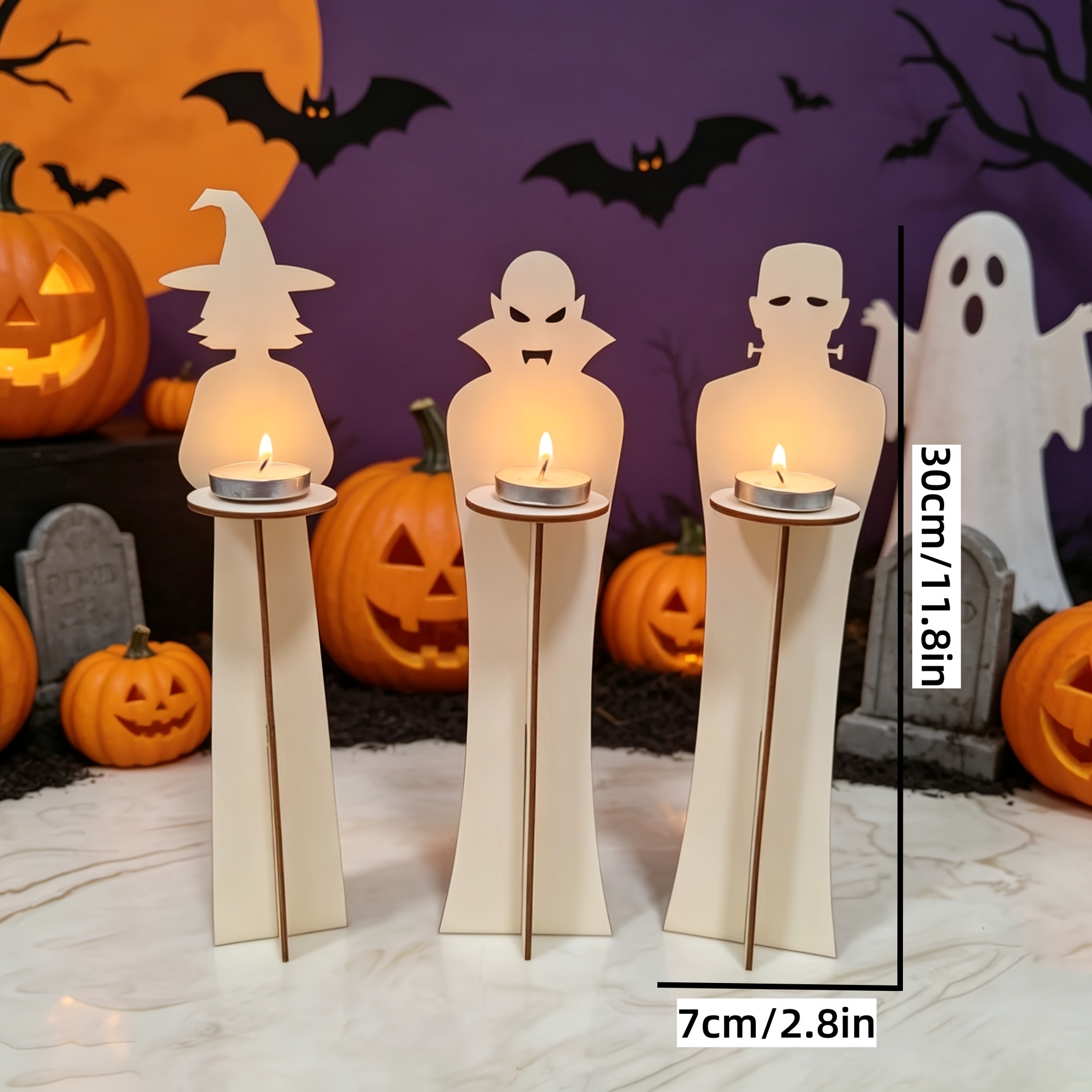 TEMU Wooden Halloween Candle Holders | Vintage Style, Unfinished Tabletop Stands, No Electricity Or Required
