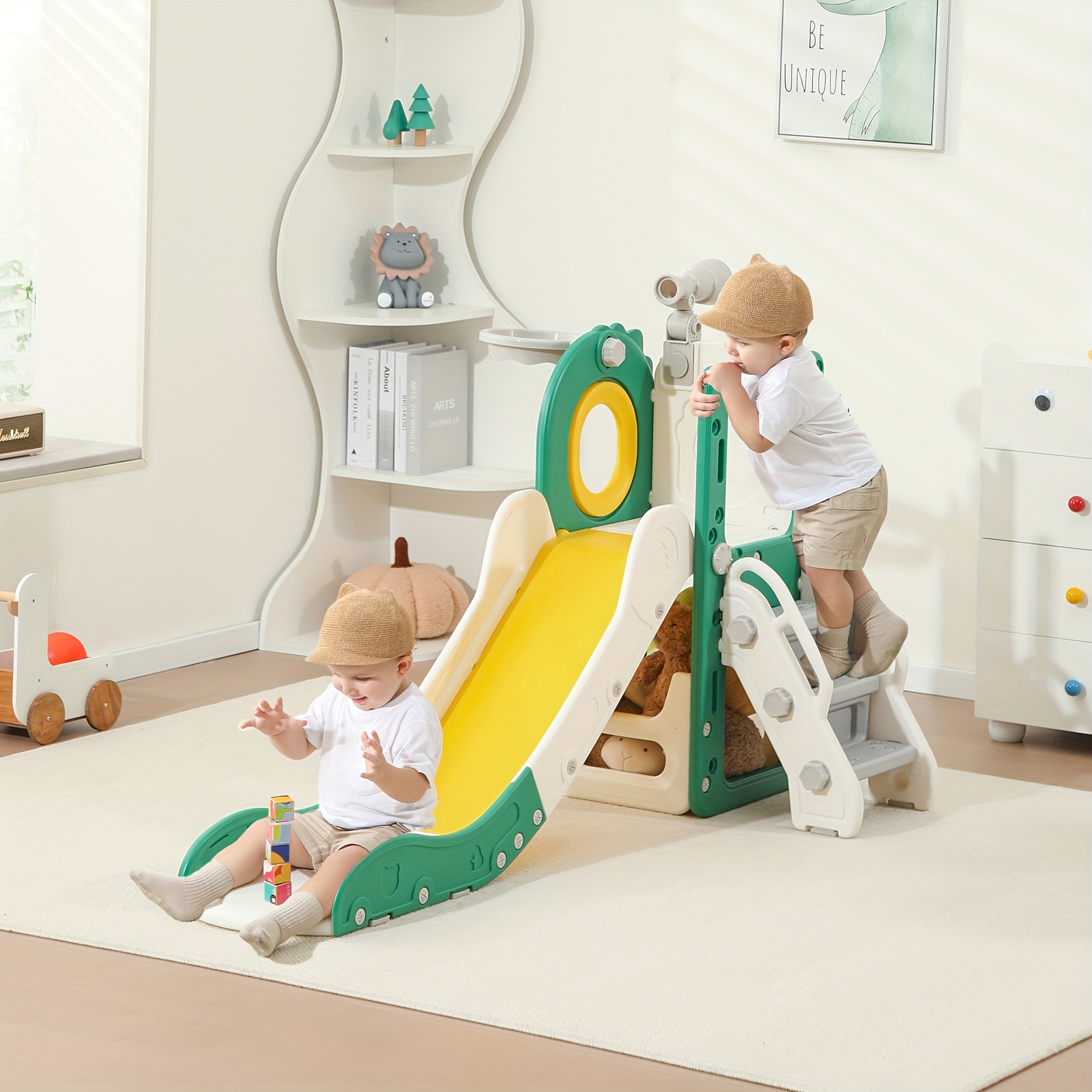 Tobogán Infantil 3 En 1 Plegable Con Canasta De Baloncesto – Para Interior Y Exterior, Antideslizante Y Fácil De Montar, Ideal Para Niños De 1 A 5 Años