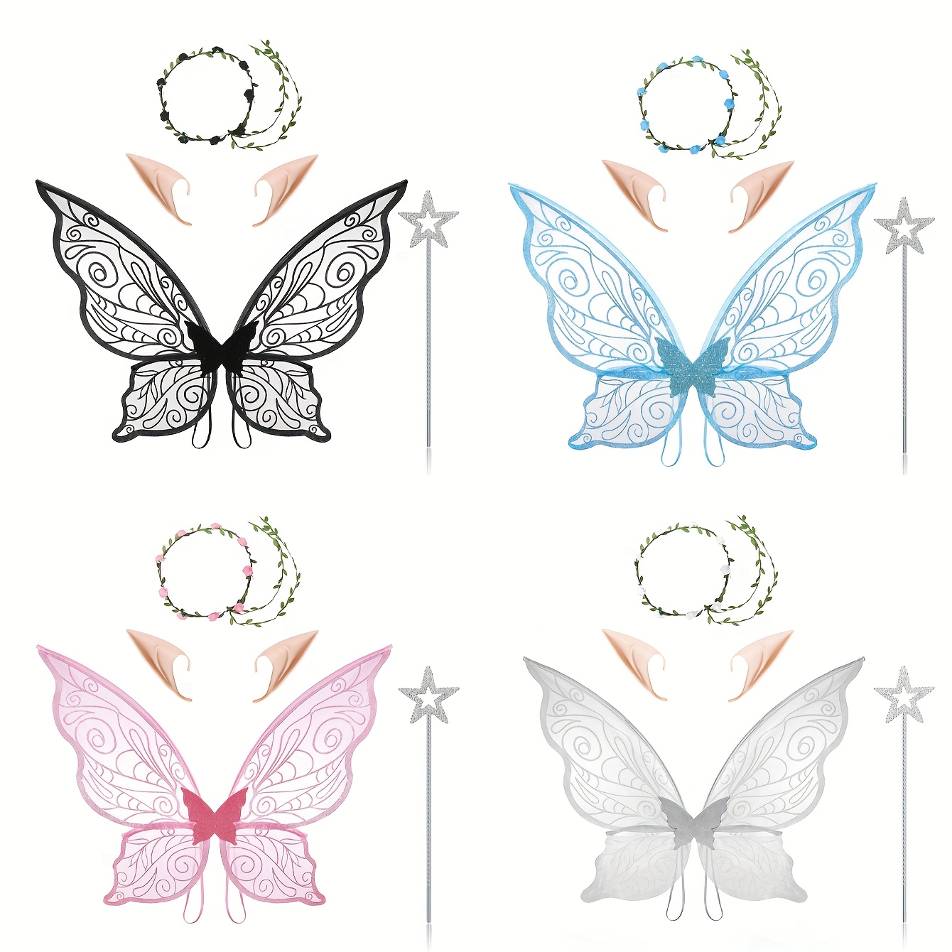 * for Adults, Fairy Costume Set with Floral Garland, Fairy Hair Tinsel,  Wand & Elf Ears, Organza * Wings, Ideal for Cosplay, Party(14+ * Old)