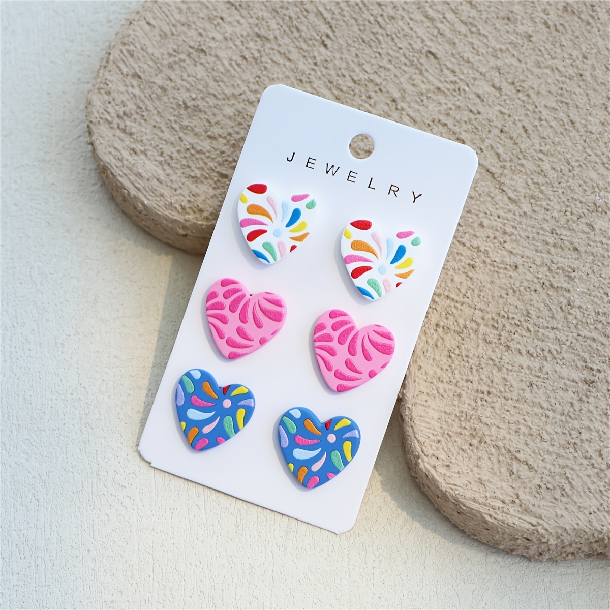3-in-1 Multicolor Flower Print Clay Texture Heart Earrings