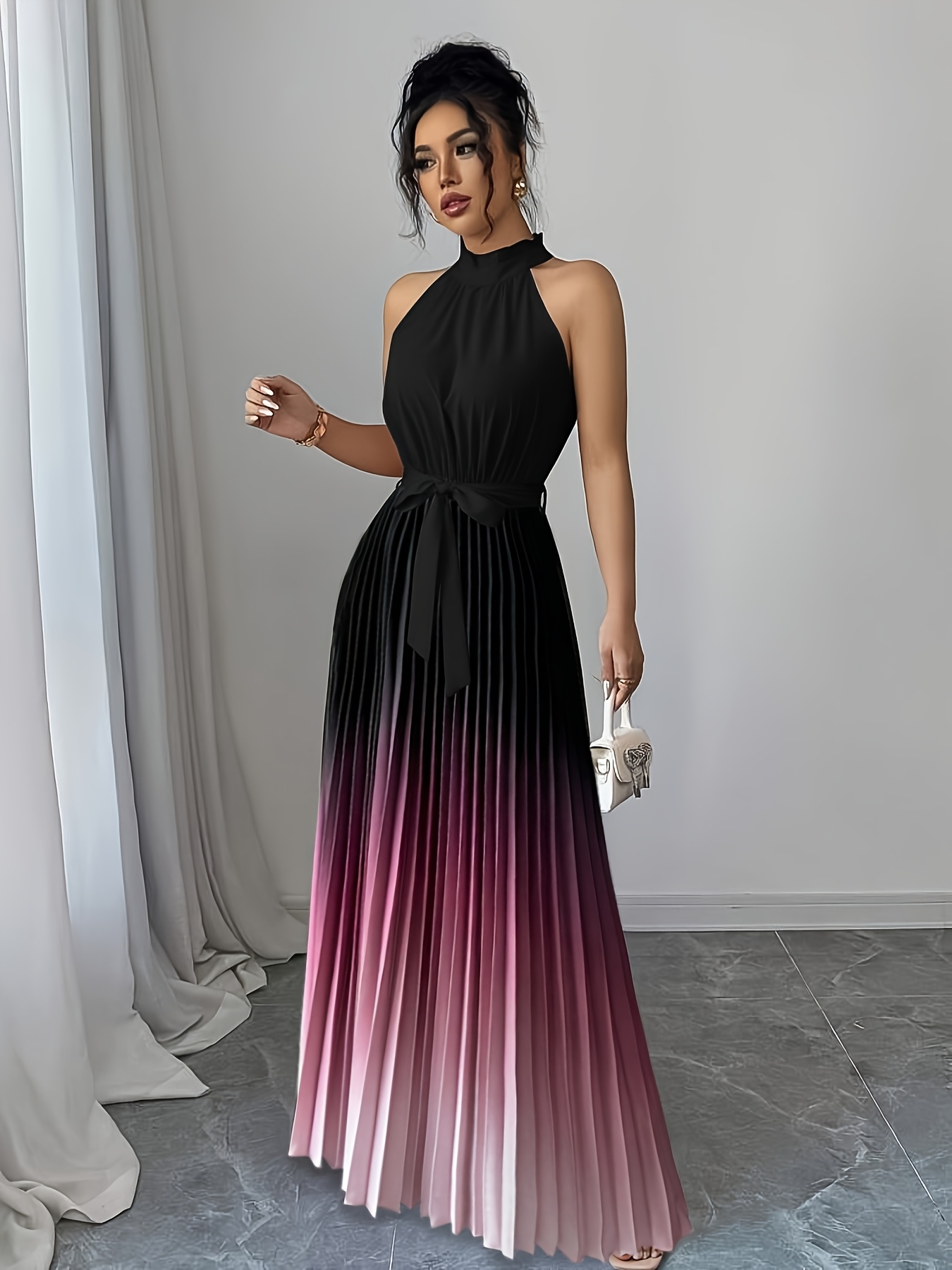 elegant gradient a line midi dress with ruffle detail tie waist pleated design sleeveless round neck for women spring   cute dress