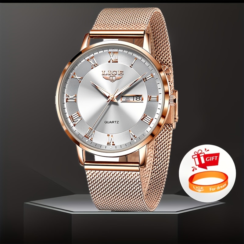 Image of 2026 Lige Fashion Style Women's Quartz Watch, Elegant Mesh Strap Watch, Ultra Thin Large Dial Watch, Essential For Women's Wrist, Multi Functional Commuter, , With Bracelet
