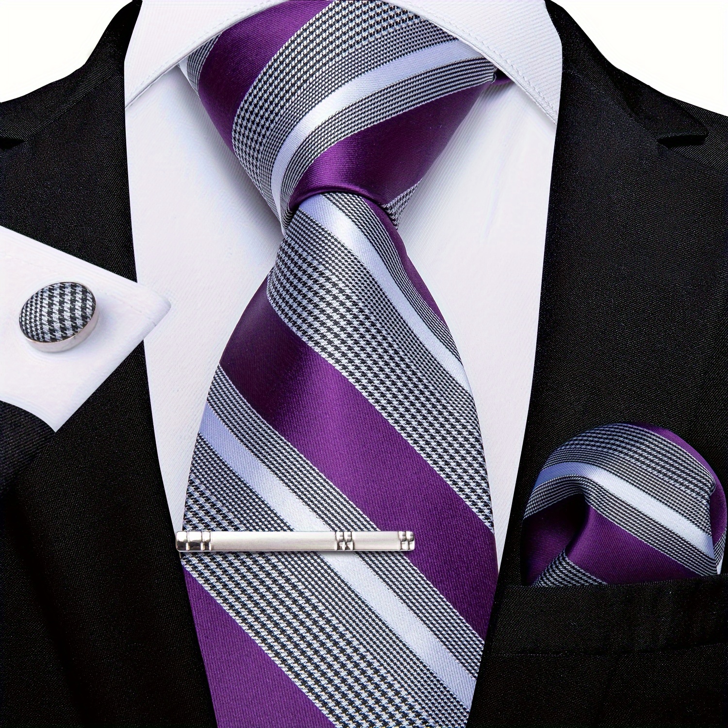 

Men's Tie Silk Classic Wedding Necktie And Pocket Square Cufflinks Clip Set