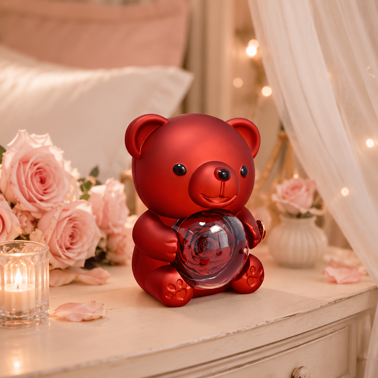 Romantic Red Bear Rose Keepsake Box