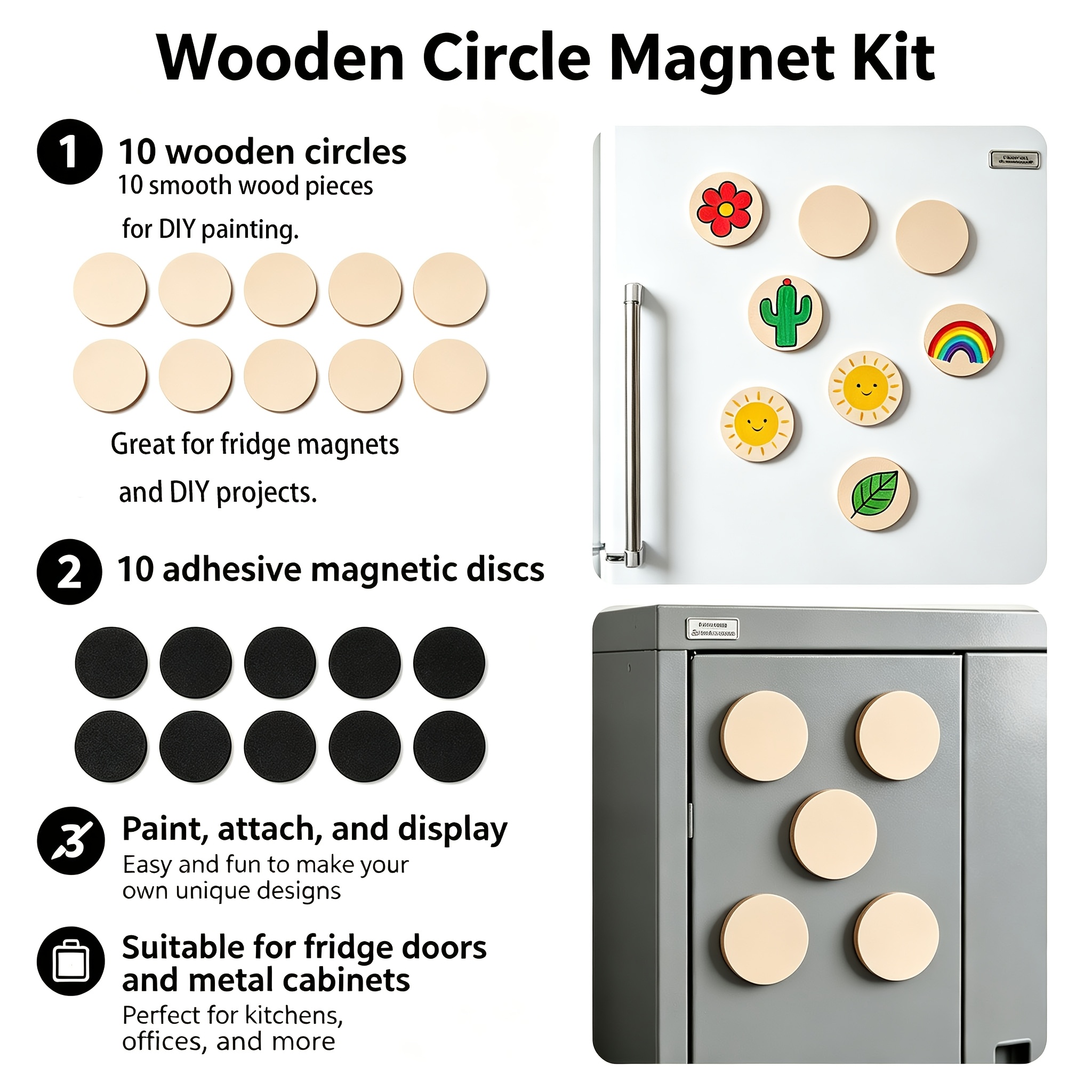 TEMU Kit de 20 aimants de réfrigérateur peints à , comprenant 10 pièces rondes en bois vierges et 10 feuilles magnétiques adhésives pour coloriage,