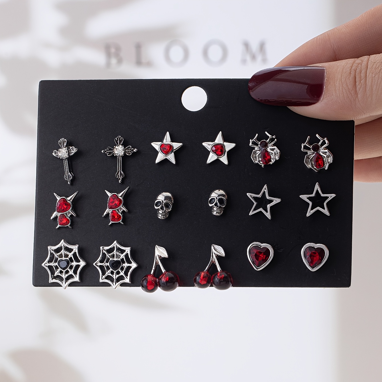 Image of 9 Pairs Dark Gothic Style Lace Cross Spider Skull Head Drip Heart Spider Web Design High Aesthetic Fashion Versatile Party Set