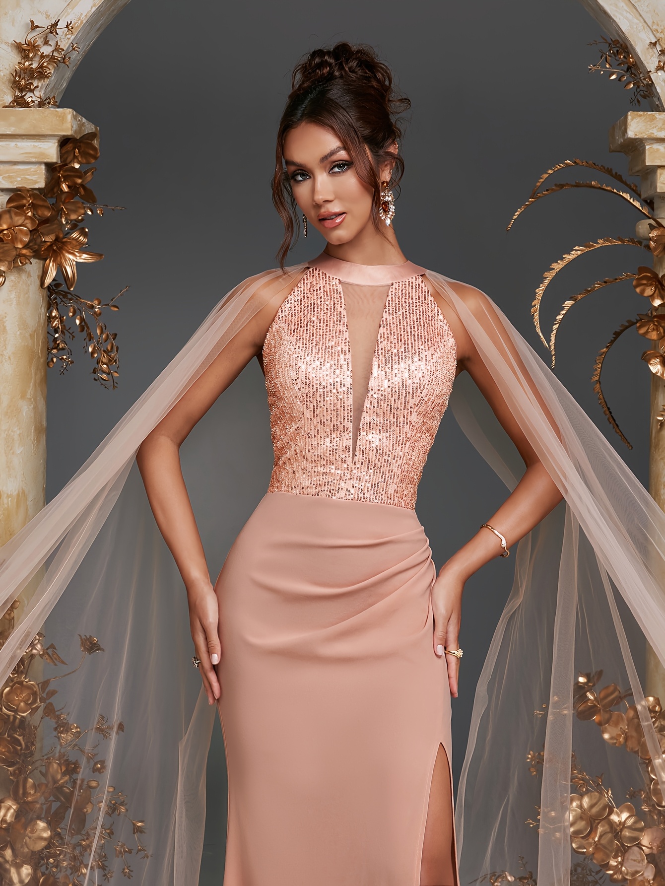high-neck mesh bridesmaid dress with full skirt elegant high neck mesh cloak solid color hip pack long skirt