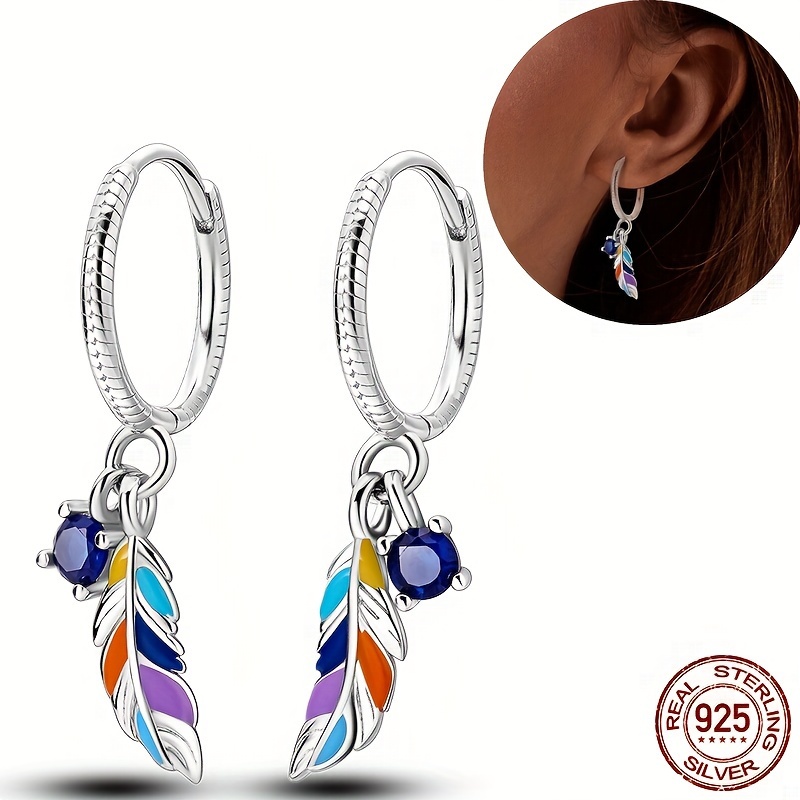

925 Sterling Silver High-quality Bohemian Feather Earrings With Synthetic Gemstones - Perfect For Women's Engagement Parties, Weddings, And Festive Occasions